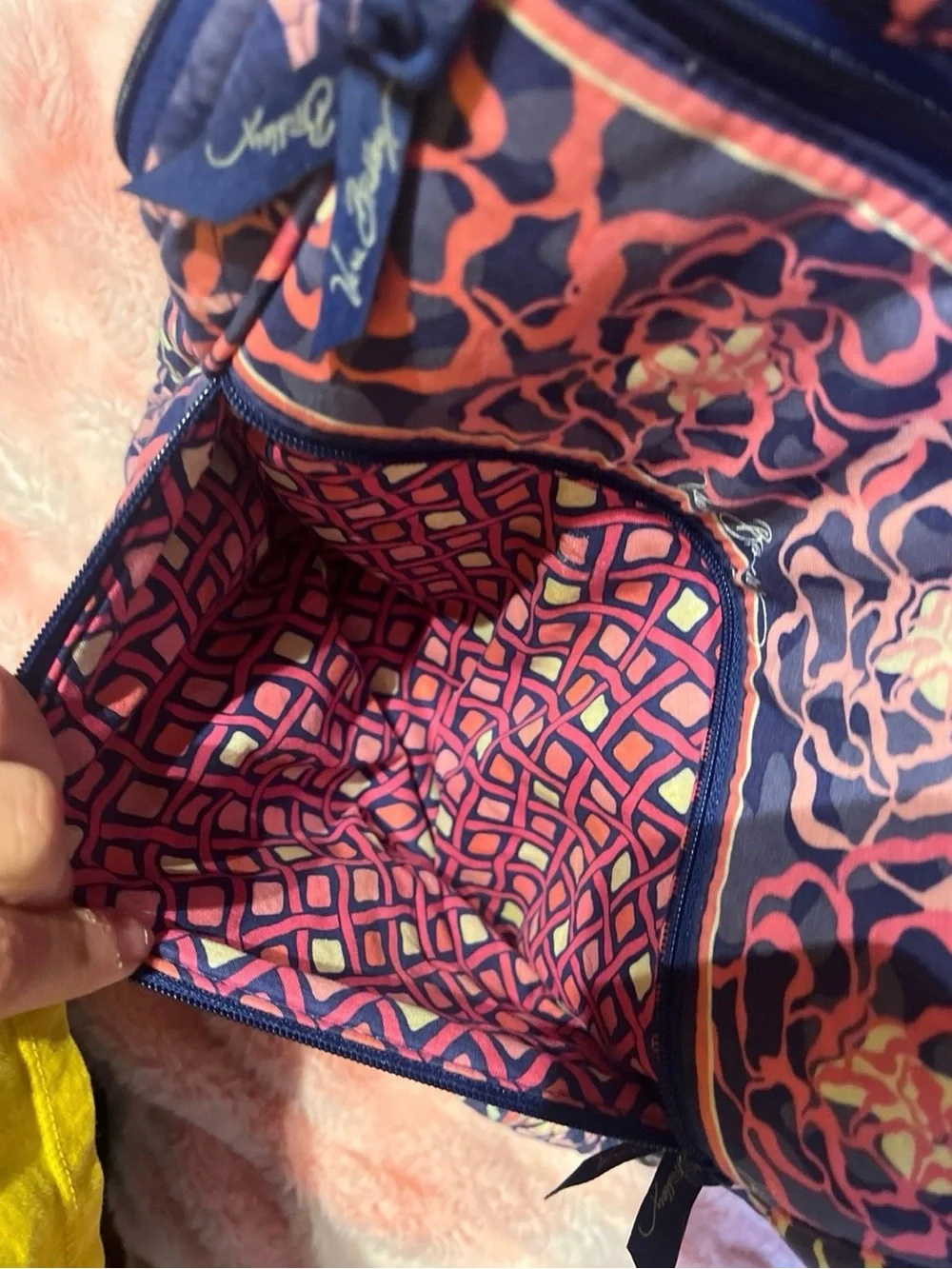 Vera Bradley Navy Floral Quilted Backpack with Pink Accents